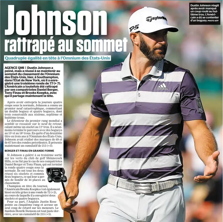  ?? PHOTO AFP ?? Dustin Johnson réagit après avoir manqué un coup roulé au huitième trou. L’américain a dû se contenter d’un boguey.