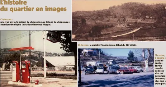  ??  ?? Ci-dessous : une vue de la fabrique de chaussons ou talons de chaussures abandonnée depuis la station d’essence Mogini. Ci-dessus : le quartier Tournamy au début du XXe siècle. Ci-contre, à gauche : dans les années  le marché de l’occasion qui deviendra beaucoup plus tard le skate parc.