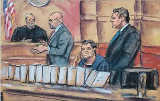  ?? JANE ROSENBERG / EFE ?? Nueva York. Reproducci­ón de un dibujo de la audiencia de ayer del “El Chapo” Guzmán en la corte distrital.