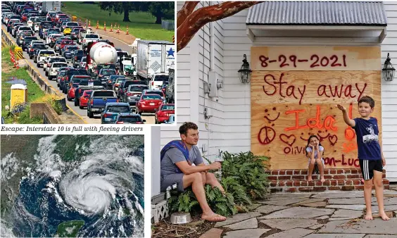  ?? Satellite image: Hurricane Ida off Louisiana ?? escape: Interstate 10 is full with fleeing drivers
Staying put: Jean-Luc Bourg, eight, with sister Olivia, ten, and dad Jean Paul