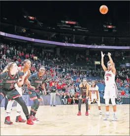  ?? [BARBARA J. PERENIC/DISPATCH] ?? Ohio State’s Kelsey Mitchell shoots a free throw against Louisville during a Countdown to Columbus game at Nationwide Arena on Nov. 12. The Women’s Final Four will be held at Nationwide Arena from March 30 to April 1.