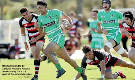  ?? GETTY IMAGES ?? Manawatu¯ under-19 fullback Awatere Kiwara breaks away for a try against Counties Manukau.
