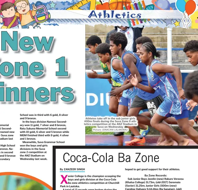  ?? Picture: JONACANI LALAKOBAU ?? Athletes take off in the sub junior girls 400m finals during the Suva Zone II athletics competitio­n at the ANZ Stadium in Suva on Wednesday hoped to get good support for their athletes.