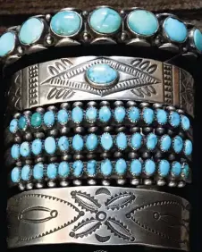  ??  ?? 2. Vintage silver and turquoise Navajo and Zuni bracelets, 1930-50. Courtesy Victoria Roberts and Terry Schurmeier.