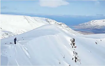  ??  ?? Michael Barney “ski checks” a steep slope in the mountains of Iceland’s Troll Peninsula before leading a group of four down the mountain.