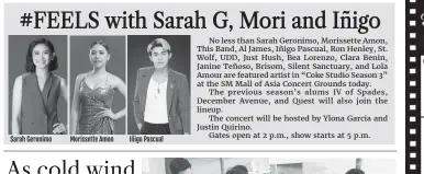  ??  ?? Sarah Geronimo
Morissette Amon
Iñigo Pascual