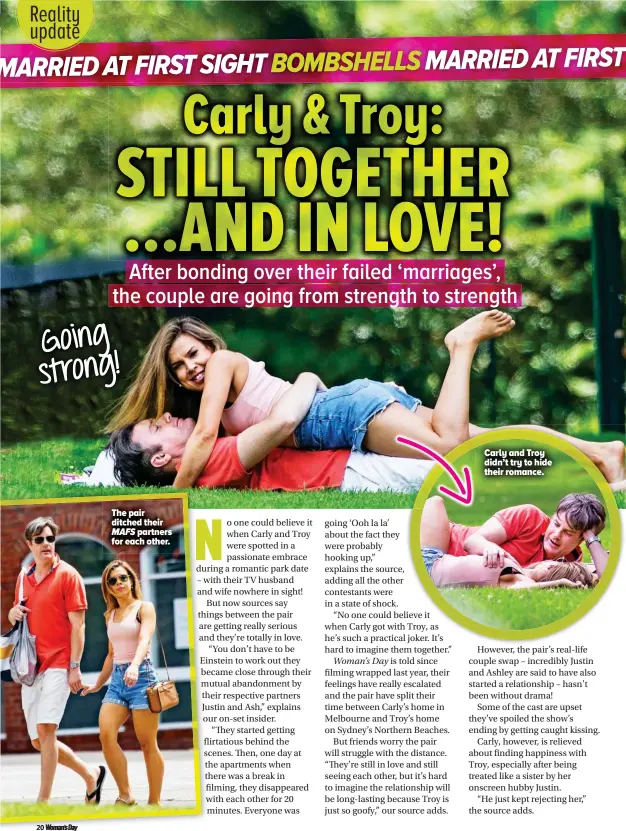  ??  ?? The pair ditched their
MAFS partners for each other. Carly and Troy didn’t try to hide their romance.