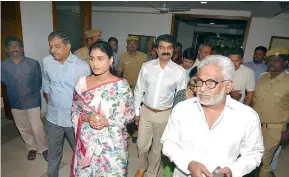  ?? —S. SURENDER REDDY ?? YSR Congress Chief Y.S. Jagan Mohan Reddy’s sister Y.S. Sharmila along with her husband Anil Kumar and party’s former MP Y.V. Subba Reddy return after meeting Hyderabad police commission­er Anjani Kumar on Monday.