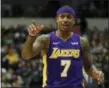  ?? RICHARD W. RODRIGUEZ — THE ASSOCIATED PRESS FILE ?? In this file photo, Los Angeles Lakers guard Isaiah Thomas (7) gestures during an NBA basketball game against the Dallas Mavericks in Dallas.