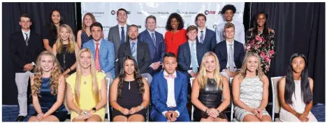  ??  ?? Jackie Joyner-Kersee, a four-time Olympic competitor and six-time medalist, center, back row, along with CHI St. Vincent CEO Chad Aduddell, left of center, pose with the Arkansas Democrat-Gazette’s All-Arkansas Preps award winners. The honorees include, front row, from left, Josie Carson, Savana Melton, Lexie Castillow, Daniel Mondragon, Mattie Hatcher, Maggie Hicks and Elizabeth Moon; middle row, from left, Thea Rice, Layne Hatcher, Kent Early, Foster Rogers and Camren Fischer; and back row, from left, Connor Gaunt, Haley Warner, Luciana Thomas, Connor Noland, Aduddell, Joyner-Kersee, Jack Little, Isaiah Joe and Tiana Wilson.