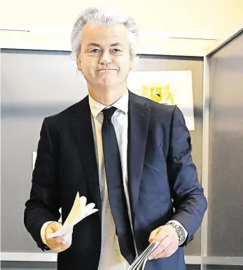  ?? Foto: Reuters ?? Zklamání Geert Wilders s hlasovacím lístkem. Podle odhadů výsledků získal méně, než doufal.