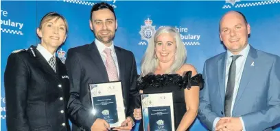  ??  ?? At the presentati­ons are, from left, Acting Chief Constable Janette McCormick, PC Ric Walker, PCSO Sarah Wilson and PCC David Keane