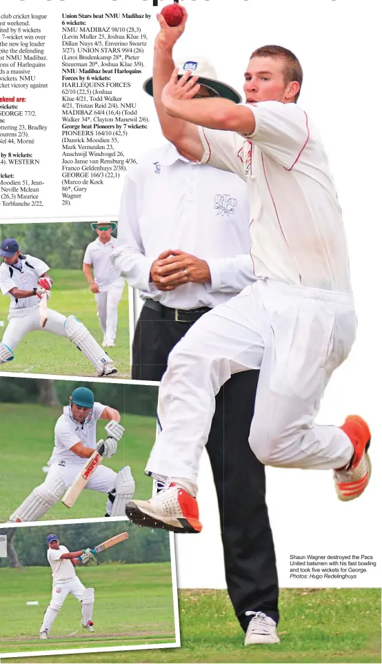  ?? Photos: Hugo Redelinghu­ys ?? Shaun Wagner destroyed the Pacs United batsmen with his fast bowling and took five wickets for George.