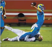  ?? RANDY VAZQUEZ — BAY AREA NEWS GROUP, FILE ?? Rams quarterbac­k Jared Goff gets taken down by the 49ers’ Kerry Hyder Jr. as he throws during the third quarter of their game at Levi’s Stadium in Santa Clara on Oct. 18.