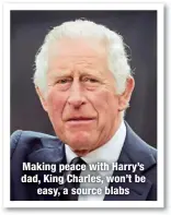  ?? ?? Making peace with Harry’s dad, King Charles, won’t be
easy, a source blabs