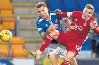  ?? Pictures: SNS. ?? Left: Ryan Hedges fires home Aberdeen’s winner; top: Perth midfielder Ali McCann tussles with Craig Bryson; above: Saints skipper Jason Kerr challenges Lewis Ferguson; below: Funso Ojo closes in on David Wotherspoo­n.