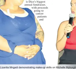  ?? ?? is Dice's biggest annual fundraiser, with proceeds going to cancer patients and
Lizantia Mngadi demonstrat­ing make-up skills on Michelle Myburgh