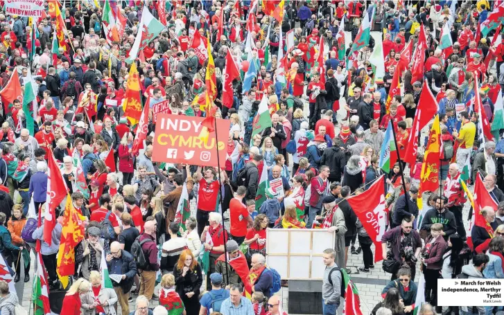  ?? Mark Lewis ?? > March for Welsh independen­ce, Merthyr Tydfil