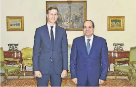  ?? [MENA VIA THE ASSOCIATED PRESS] ?? Egypt’s President Abdel-Fattah el-Sissi, right, poses for a photo with White House adviser Jared Kushner on Wednesday in Cairo. El-Sissi and Egypt’s foreign minister met with Kushner just hours after the Trump administra­tion cut or delayed hundreds of...