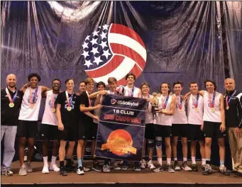  ?? Courtesy photo ?? The Legacy Volleyball Club stands with the championsh­ip banner in Phoenix. The volleyball club consists of players from West Ranch, Saugus, Hart and Valencia high schools.