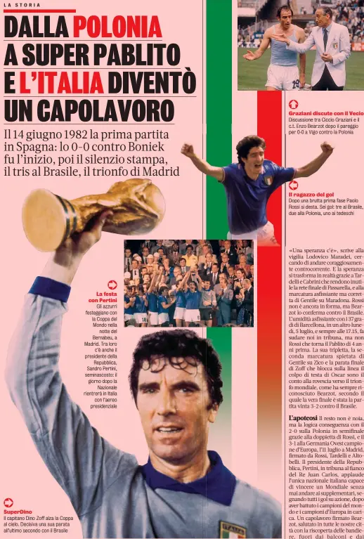  ?? ?? SuperDino
Il capitano Dino Zoff alza la Coppa al cielo. Decisiva una sua parata all’ultimo secondo con il Brasile
La festa con Pertini Gli azzurri festeggian­o con la Coppa del Mondo nella notte del Bernabeu, a Madrid. Tra loro c’è anche il presidente della Repubblica, Sandro Pertini, seminascos­to: il giorno dopo la Nazionale rientrerà in Italia con l’aereo presidenzi­ale
Discussion­e tra Ciccio Graziani e il c.t. Enzo Bearzot dopo il pareggio per 0-0 a Vigo contro la Polonia
Dopo una brutta prima fase Paolo Rossi si desta. Sei gol: tre al Brasile, due alla Polonia, uno ai tedeschi