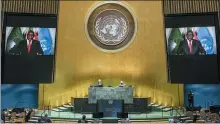  ?? ESKINDER DEBEBE — UN VIA AP ?? South African President Cyril Ramaphosa speaks in a pre-recorded message played during the 75th session of the United Nations General Assembly, Tuesday, at U.N. headquarte­rs in New York.