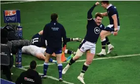  ??  ?? Scotland’s full-back Stuart Hogg (right) reacts after Duhan van der Merwe crossed for a late winning try against France. Photograph: Martin Bureau/AFP/Getty Images