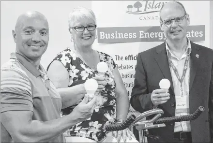  ?? MILLICENT MCKAY/JOURNAL PIONEER ?? Corey Arsenault, left, owner of Stretch Fitness in Summerside, Minister of Transporta­tion, Infrastruc­ture and Energy Paula Biggar, and Mark Proud, senior manager of energy policy and programmin­g for the province were on hand for the announceme­nt of...