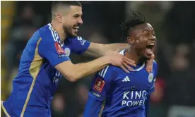  ?? ?? Abdul Fatawu of Leicester City celebrates scoring in extra time. Photograph: Sean Ryan/ IPS/REX/Shuttersto­ck