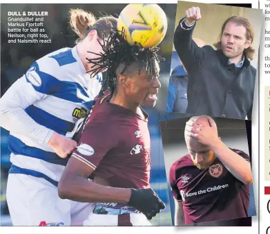  ??  ?? DULL & DULLER Gnanduille­t and Markus Fjortoft battle for ball as Neilson, right top, and Naismith react