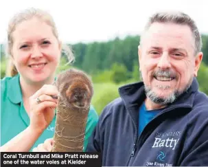  ??  ?? Coral Turnbull and Mike Pratt release one of the water voles at Kielder