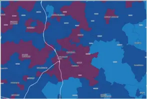  ??  ?? AREAS OF CONCERN: A map of the Covid-19 situation in Leicesters­hire. The purple areas have the highest infection rates, followed by dark and paler blue