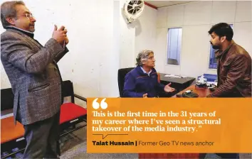  ?? Reuters ?? ■
From left: Journalist and columnists — Abdul Qayyum Siddiqui, Matiullah Jan and Basit Subhani — gesture as they record for a programme in March.