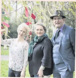  ??  ?? Printed word: Label Lit creator Maria McManus with poet Olive Broderick and Damian Smyth, Head of Literature and Drama at the Arts Council, and (below) some of the labels which will be released tomorrow