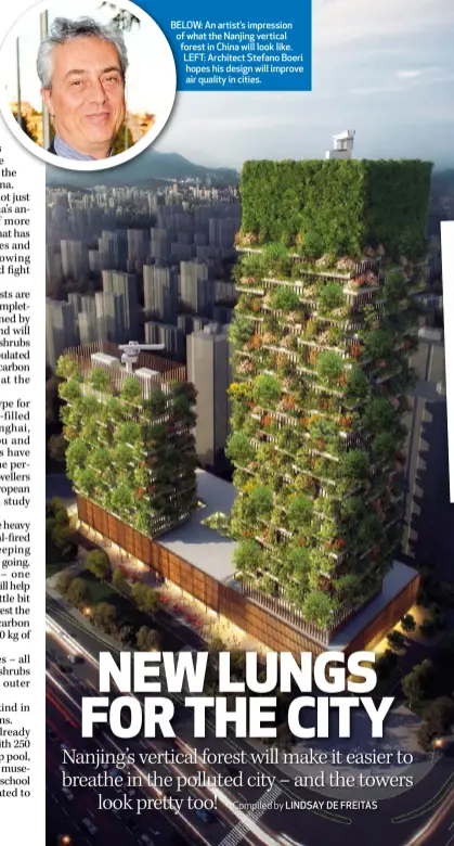  ??  ?? BELOW: An artist’s impression of what the Nanjing vertical forest in China will look like. LEFT: Architect Stefano Boeri hopes his design will improve air quality in cities.