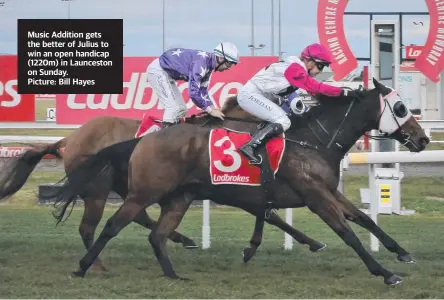  ?? Picture: Bill Hayes ?? Music Addition gets the better of Julius to win an open handicap (1220m) in Launceston on Sunday.