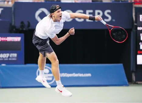  ?? MARK BLINCH/THE CANADIAN PRESS ?? Canadian Denis Shapovalov delivers a serve to France’s Jeremy Chardy during the first round of the Rogers Cup tournament on Tuesday in Toronto. He will face Fabio Fognini in the second round today after defeating Chardy 6-1, 6-4.