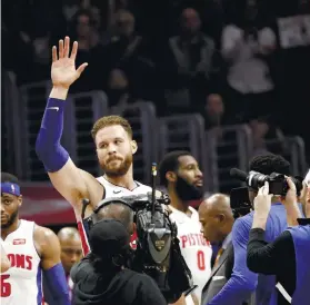  ?? AP FOTO ?? MISSED ME? Blake Griffin waves to the Staples Center crowd after watching a tribute video about him. The Clippers drafted Griffin in 2009 but traded him in January last year.