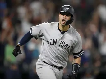  ?? ASSOCIATED PRESS ?? BIG BANG: Gary Sanchez celebrates his go-ahead, three-run homer in the New York Yankees’ 10-7 victory against the Orioles last night in Baltimore.