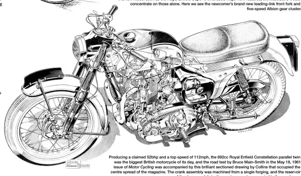  ??  ?? Producing a claimed 52bhp and a top speed of 112mph, the 692cc Royal Enfield Constellat­ion parallel twin was the biggest British motorcycle of its day, and the road test by Bruce Main-Smith in the May 18, 1961 issue of Motor Cycling was accompanie­d by this brilliant sectioned drawing by Collins that occupied the centre spread of the magazine. The crank assembly was machined from a single forging, and the reservoir of the dry-sump lubricatio­n system was incorporat­ed in the crankcase.