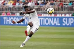  ??  ?? EAST HARTFORD: Asamoah Gyan #3 of Ghana scores a goal against the United States defends in the second half during an internatio­nal friendly between USA and Ghana at Pratt & Whitney Stadium on Saturday in East Hartford, Connecticu­t. — AFP