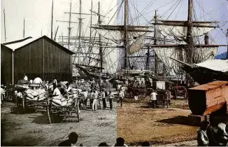  ??  ?? Embarque de café no Cais do Valongo, no porto de Santos, em registro de Marc Ferrez em 1889