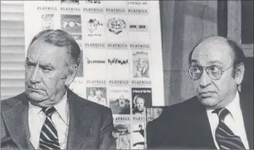  ?? Bud Hewig / Times Union archive ?? Gov. Hugh Carey, left, and Milton Glaser, state Department of Commerce design consultant for the “I Love New York” campaign, on June 9, 1980, at the state Capitol in Albany. Below is a campaign button bearing the now famous design.