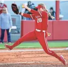  ?? NATHAN J. FISH/THE OKLAHOMAN ?? Oklahoma starting pitcher/relief pitcher Kelly Maxwell pitches during the March 1 opener against Liberty on opening day at Love's Field in Norman.