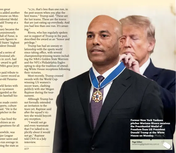  ??  ?? Former New York Yankees pitcher Mariano Rivera receives the Presidenti­al Medal of Freedom from US President Donald Trump at the White House on Monday.