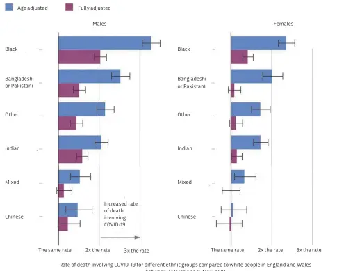  ??  ?? Rate of death involving COVID-19 for different ethnic groups compared to white people in England and Wales between 2 March and 15 May 2020
ABOVE This graph compares deaths involving COVID-19. The blue bars are age-adjusted, to allow comparison­s between different age groups (COVID-19 affects older people more). The purple bars have been further adjusted to account for region, population density, social and household factors