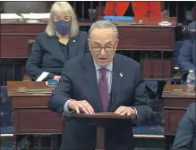  ?? SENATE TELEVISION — THE ASSOCIATED PRESS ?? Senate Majority Leader Chuck Schumer speaks Saturday before the final vote on the Senate version of the COVID-19 relief bill at the U.S. Capitol. The $1.9 trillion federal pandemic relief package is expected to be approved by the House today.