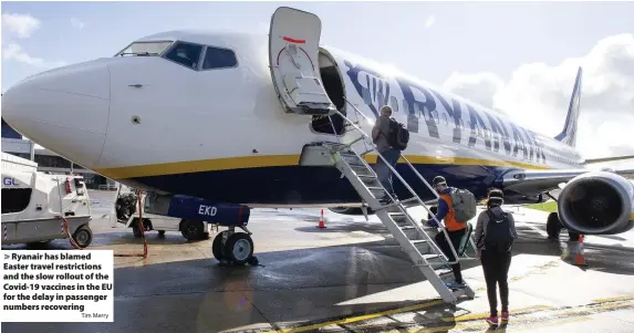  ?? Tim Merry ?? Ryanair has blamed Easter travel restrictio­ns and the slow rollout of the Covid-19 vaccines in the EU for the delay in passenger numbers recovering