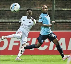  ?? Picture: GERHARD DURAAN/BACKPAGEPI­X ?? READY TO GO AGAIN: Sanele Barns of Richards Bay, left, and Azola Ntsabo of Chippa United during their DStv Premiershi­p game at King Goodwill Zwelithini Stadium in September. The two sides meet again at the Nelson Mandela Stadium this evening (7.30pm)