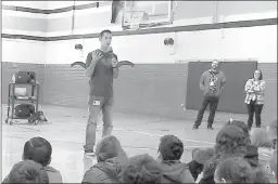  ?? HERALD photo/andreia Medlin ?? Chris “Shoof” Scheufele entertains 5th graders at BSI Intermedia­te Thursday. The former band teacher teaches social learning through comedy.